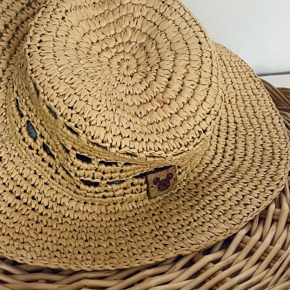 Disney Parks Mickey Mouse Woven Straw Floppy Hat Carved Wood Mickey Mouse summer